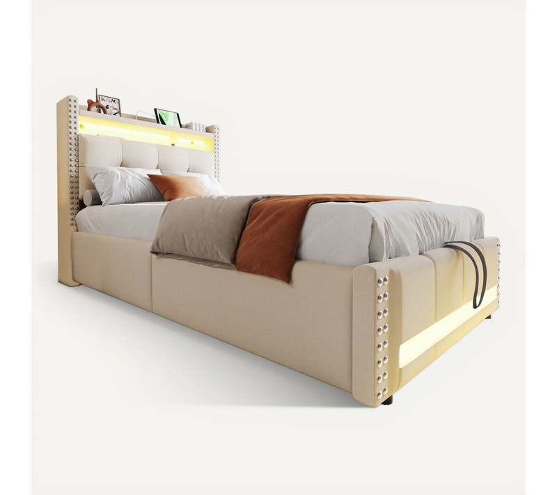 Lit Enfant Rembourré Beige 90x200 Cm Avec LED Et Rangement, Prise USB