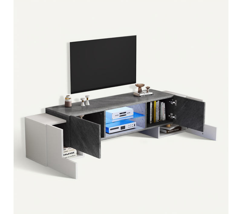 Meuble TV 180 Cm Avec 4 Portes Blanc Et Gris