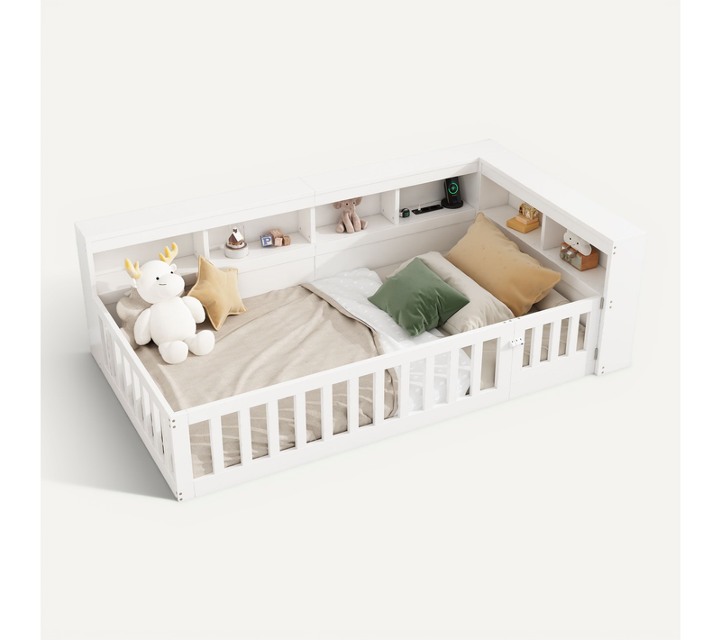 Lit Simple 90x200 Cm Avec Structure En Panneaux Avec Prises Et USB Blanc