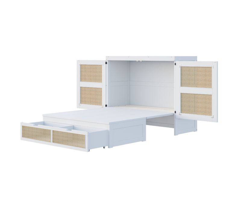 Lit Double 140x200 Cm Avec Structure Escamotable Murale Rotin Blanc