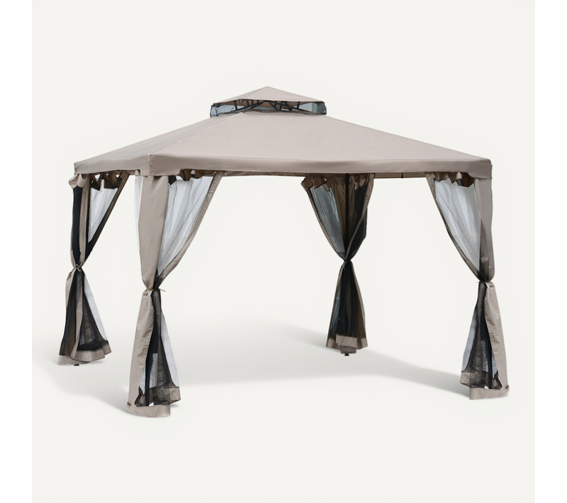 Pavillon De Jardin 294 X 294 Cm Avec Structure Métallique Et 4 Parois Moustiquaires Gris