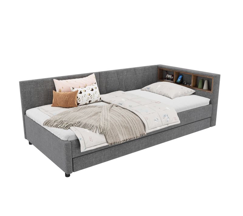 Lit Banquette Gris 90x200 Cm Avec Tiroir Gigogne, USB/type-c Et LED