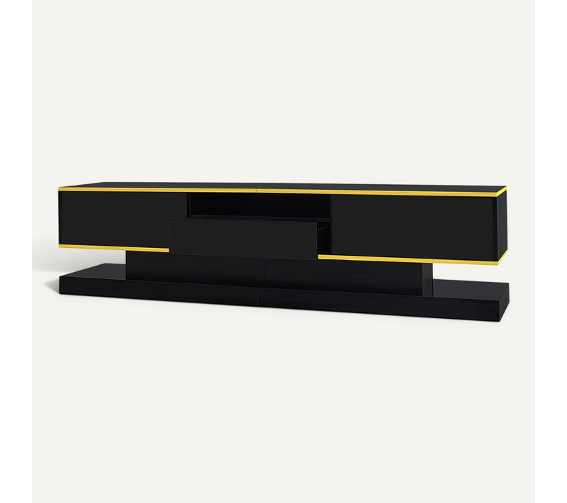 Meuble TV 180 Cm Avec 3 Tiroirs Et éclairage LED Noir Brillant