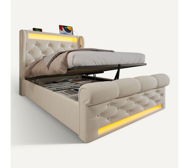 Lit Coffre 90x200 Cm Beige En Velours Avec LED Et Ports USB/type-c Pour Chambre
