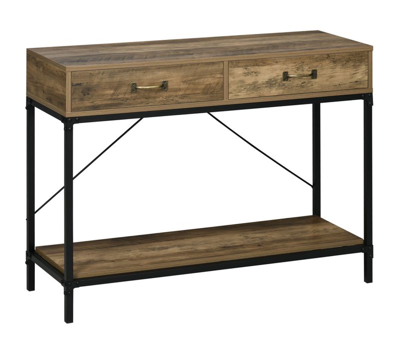 Table Console 100x35 Cm Avec 2 Tiroirs Et étagère Basse Style Industriel