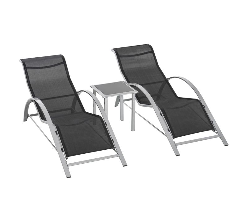 Set De Chaises Longues 59x169 Cm Avec Table D’appoint En Métal Noir
