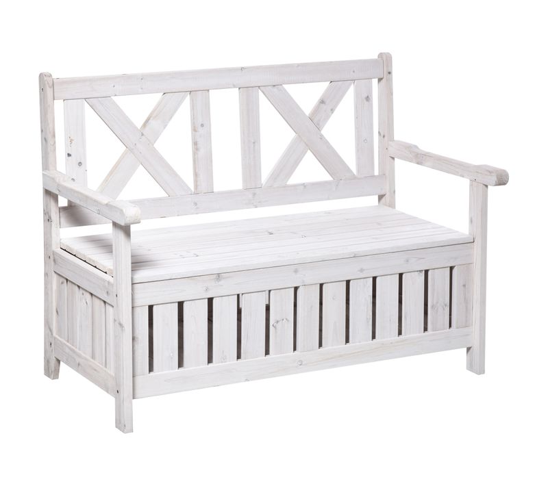 Banc De Jardin 2 Places 115 Cm Avec Coffre De Rangement En Bois De Sapin, Blanc