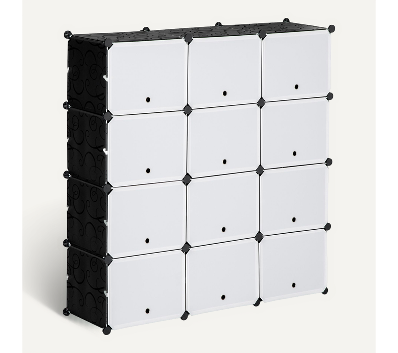 Meuble à Chaussures 12 Cubes Avec Portes Amovibles En Plastique Noir 125 X 32 X 125 Cm
