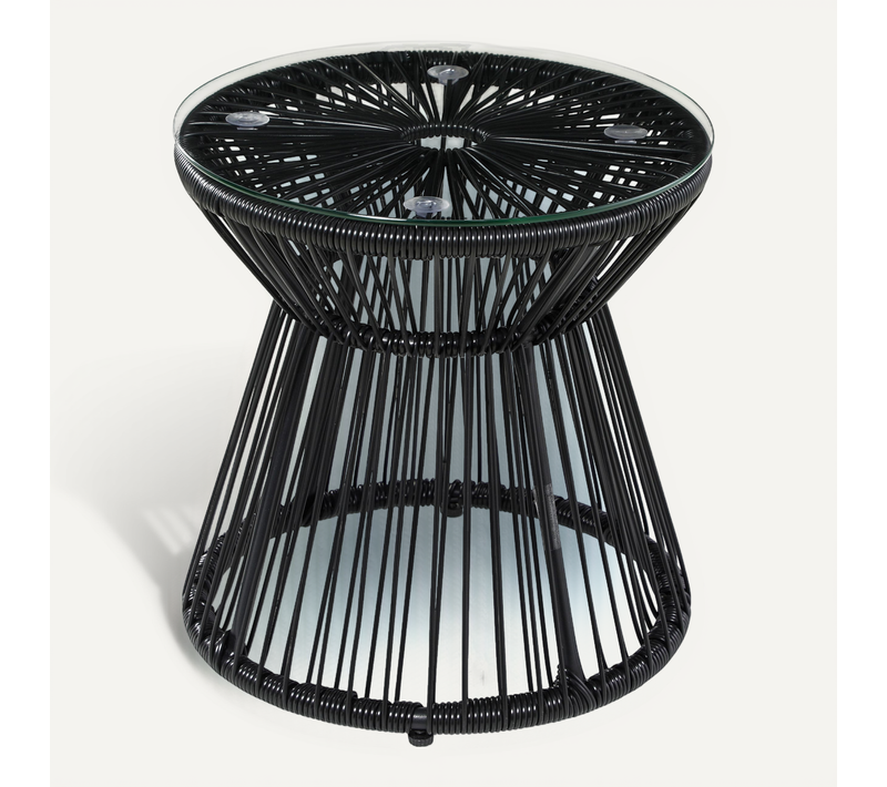 Table D’appoint 40x42 Cm Avec Plateau En Verre Trempé 5 Mm, Rotin Pe Noir