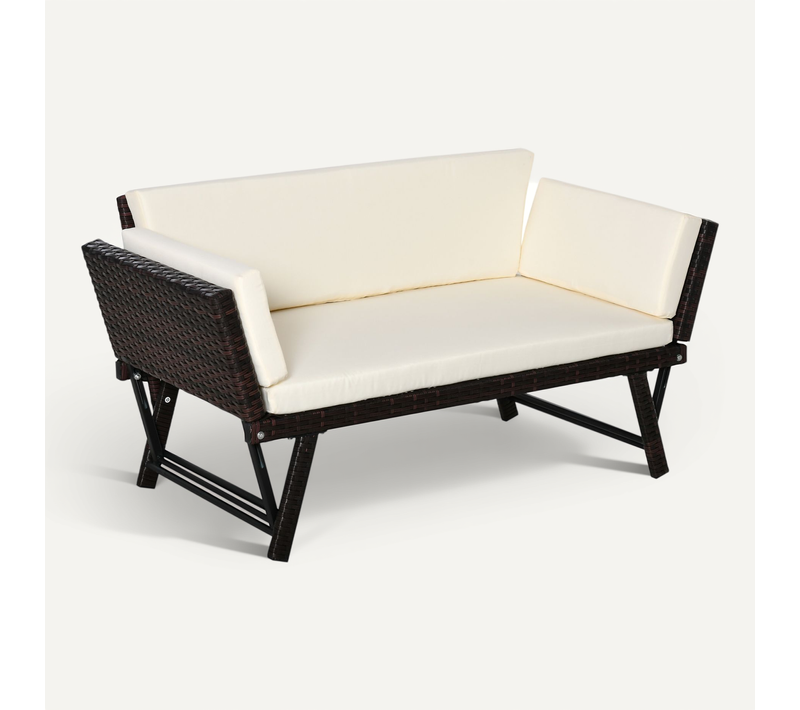 Canapé De Jardin 2 Places 129 Cm Avec Accoudoirs Rabattables En Rotin Synthétique Marron