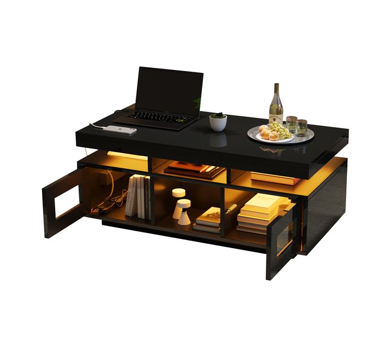 Table Basse 100x50x43 Cm Avec LED Contrôlée Par Application Noir Brillant