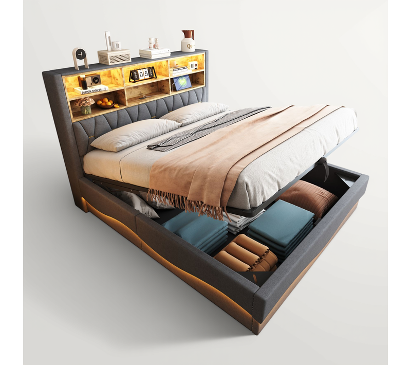 Lit Coffre 180x200 Cm Avec Structure En Métal Tissu Gris