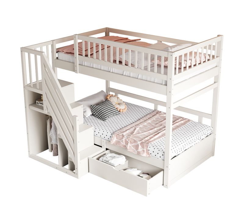 Lit Superposé 90x200 Cm Avec Échelle-escalier De Rangement Blanc