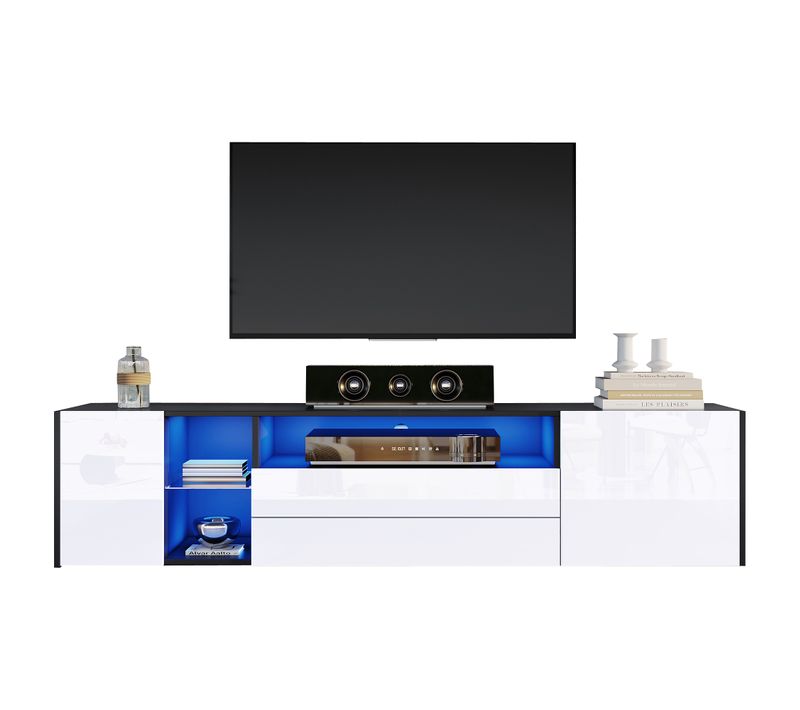 Meuble TV 180 Cm Avec Éclairage LED Et Rangements Noir Et Blanc