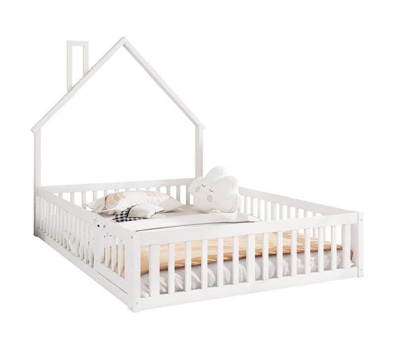 Lit Double 140x190 Cm Avec Structure En Pin Et Mdf Forme Cheminée Blanc