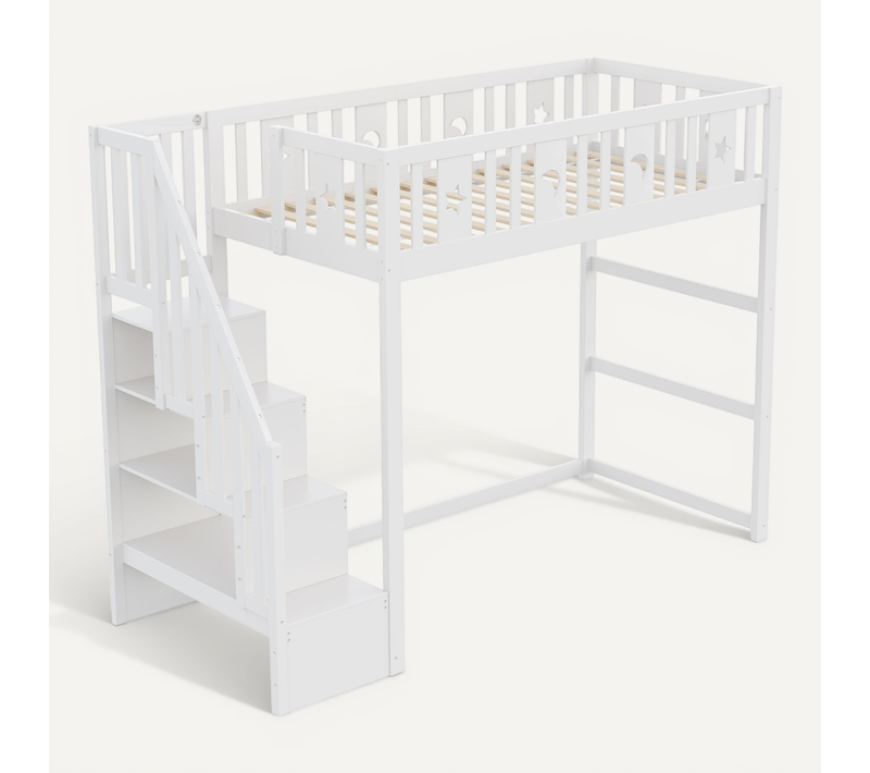 Lit Mezzanine 90x200 Cm Avec Escalier Et Rangements Blanc