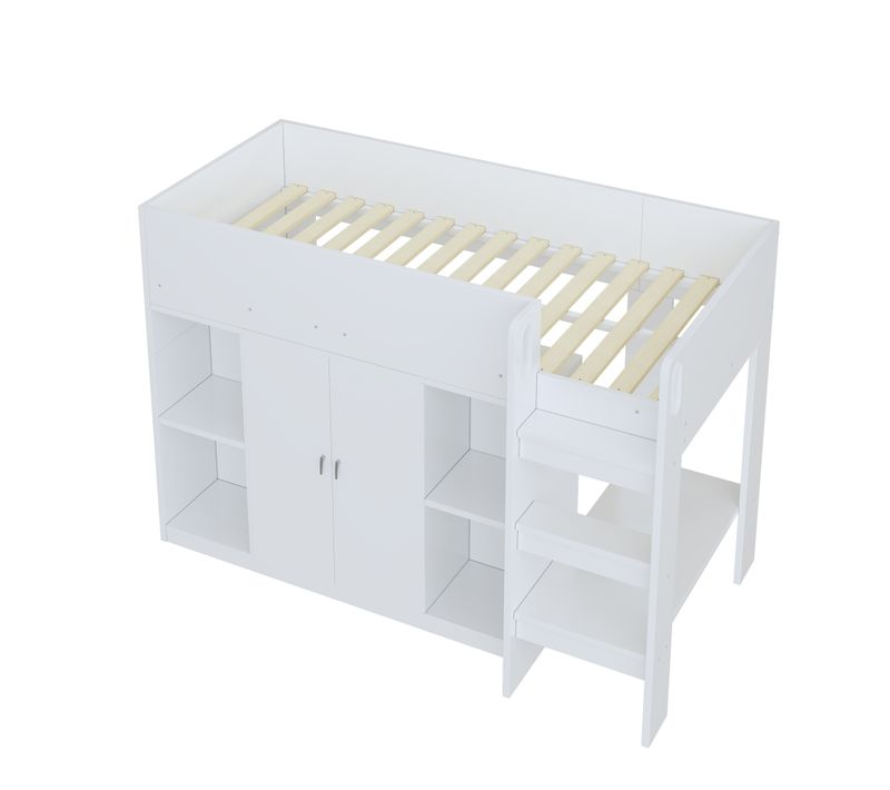 Lit Mezzanine Blanc/gris 90x200 Avec Rangements, Armoire Et Étagères Pour Chambre Enfant