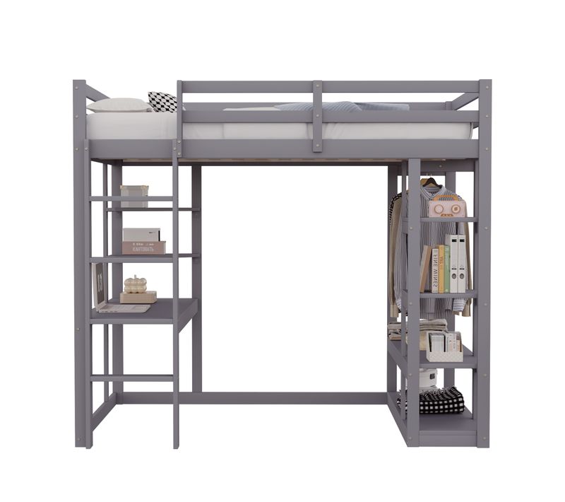 Lit Mezzanine Gris 140x200 Cm Avec Bureau Et Rangements Pour Chambre Enfant/ado
