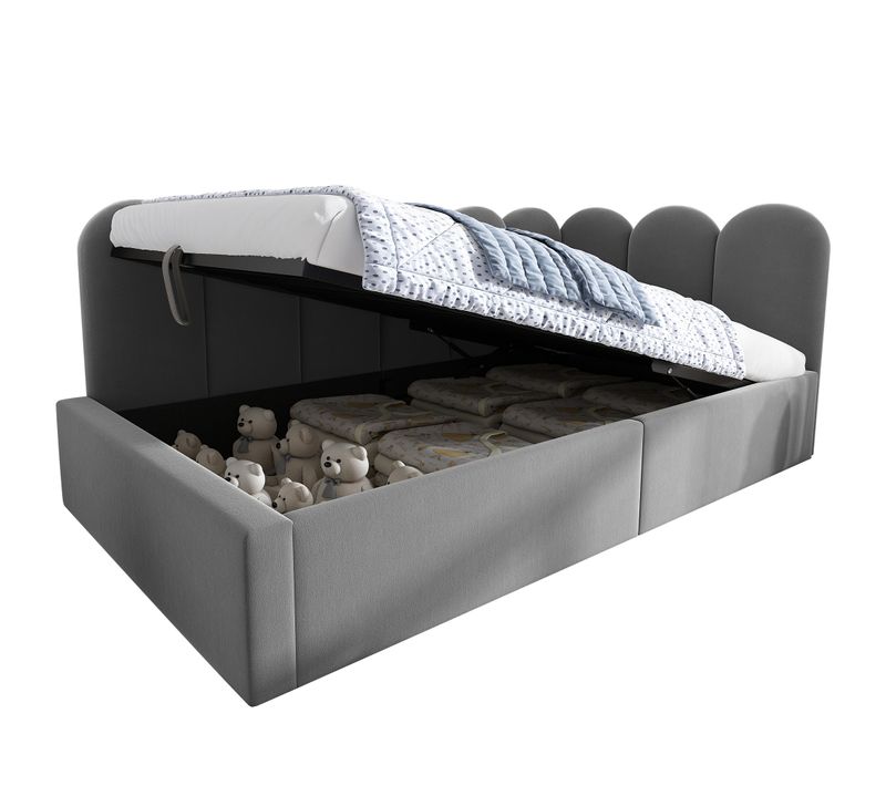 Lit Banquette Velours Gris 90x190 Cm Avec Rangement Hydraulique, Pour Chambre Enfant