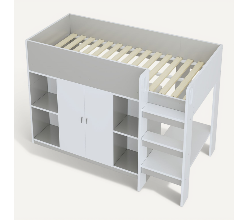 Lit Mezzanine Gris/blanc 90x200 Avec Rangement Et Échelle Pour Chambre Enfant
