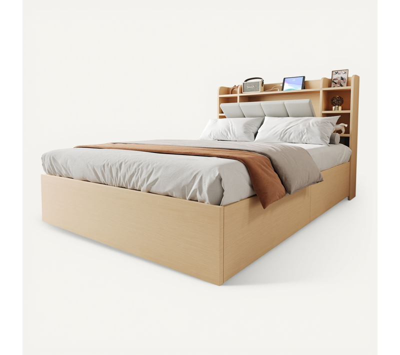 Lit Coffre Hydraulique Bois Naturel 140x200 Cm Avec Tête De Lit Rangements Et USB