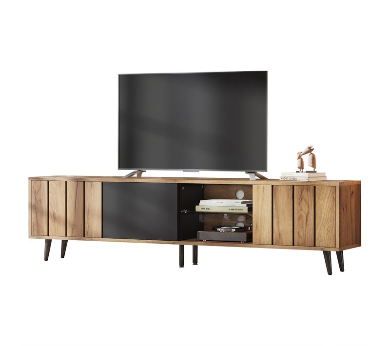 Meuble TV Naturel Et Noir 175 Cm Pour Téléviseur Jusqu’à 75 Pouces