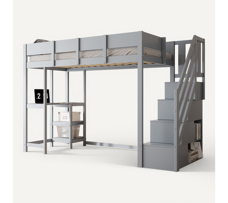 Lit Mezzanine Gris 90 X 200 Cm Avec Rangement Et étagère, Gain De Place