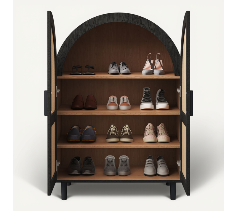Meuble à Chaussures 70 Cm Avec 2 Portes En Rotin Et Pieds En Métal Naturel Et Noir