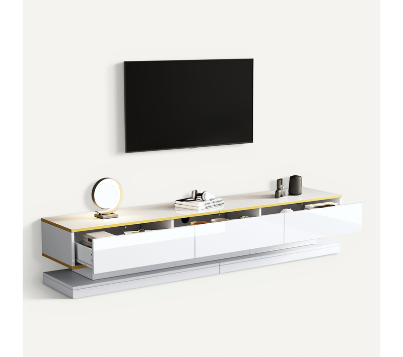 Meuble TV 200 Cm Avec 3 Tiroirs Finition Brillante Blanc Chaud