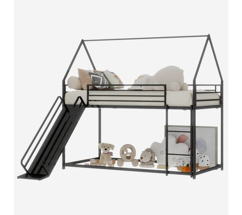 Lit Superposé Noir En Fer Avec Toboggan Et Échelle Pour Chambre D’enfant