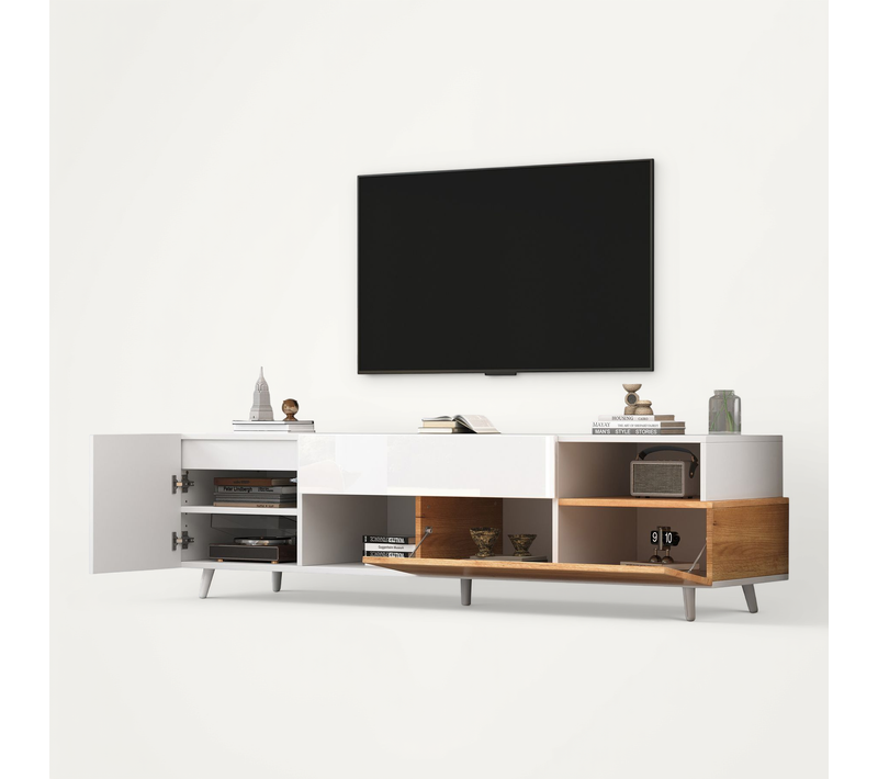 Meuble TV 180 Cm Avec Rangements Multiples Blanc Et Décor Bois