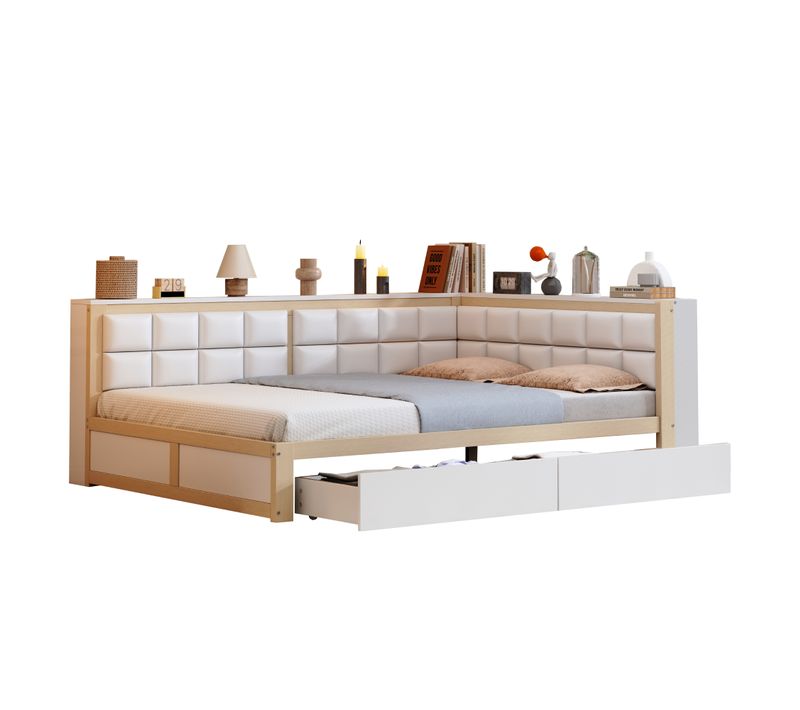 Lit Banquette Bois Naturel 140x200 Cm Avec 2 Tiroirs De Rangement