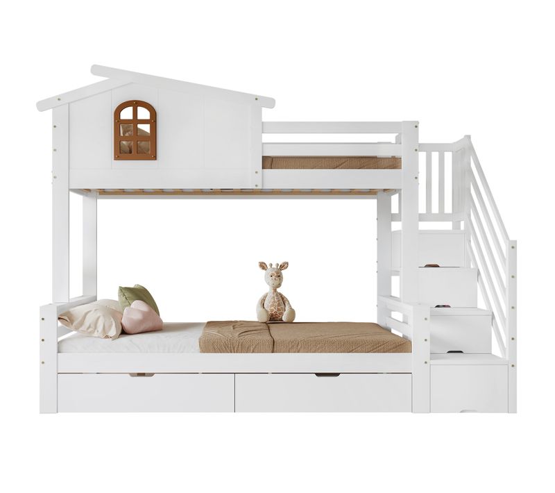 Lit Superposé 90x200/120x200 Cm Avec Escalier D’angle Blanc Et Naturel