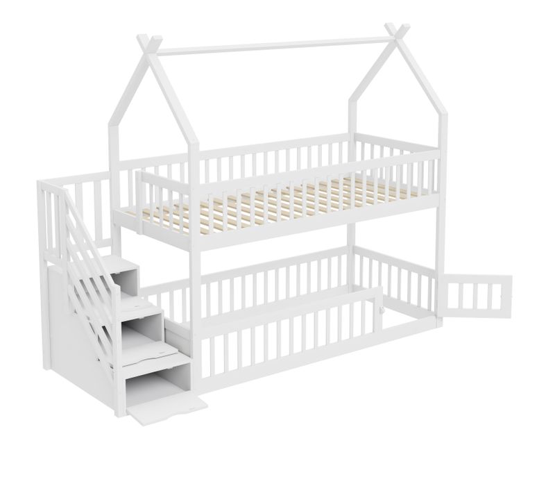 Lit Superposé 90x200 Cm Avec Structure En Bois Massif Blanc