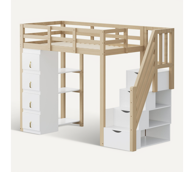 Lit Mezzanine Bois Naturel 90x200 Cm Avec Tiroirs De Rangement Et Étagère, Chambre Enfant