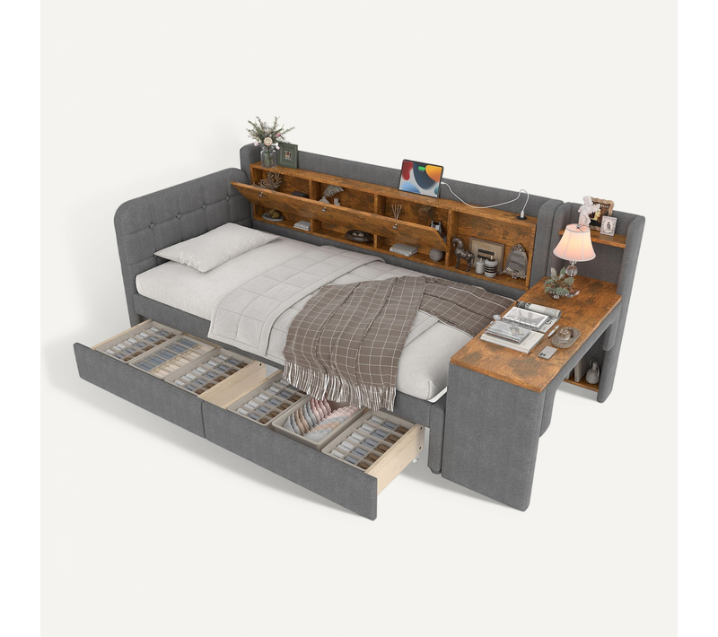 Lit Simple 90x200 Cm Avec Structure En Mdf Tissu Gris