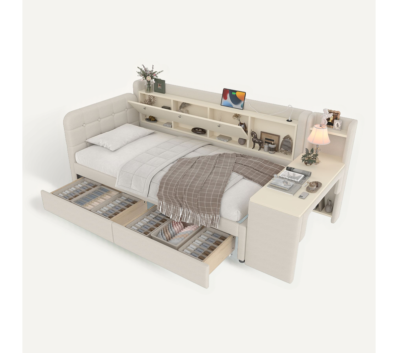 Lit Simple 90x200 Cm Avec Structure En Mdf Tissu Beige