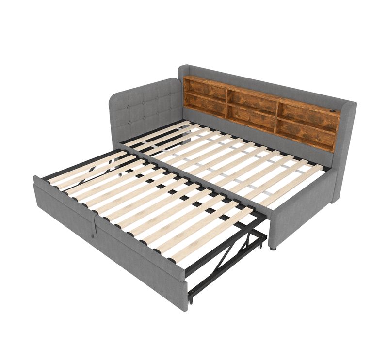 Lit Banquette Gris 90x200 Cm Avec Lit Gigogne Et Ports USB/type-c