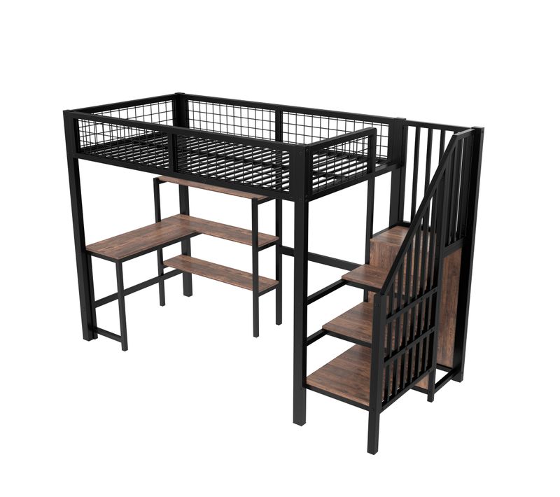 Lit Mezzanine Noir Et Brun 90x200 Avec Bureau Et Rangements Pour Chambre