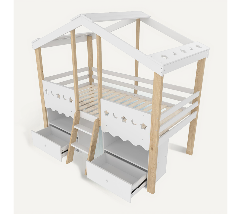 Lit Mezzanine Mi-hauteur Blanc Et Naturel 90x200 Cm Avec LED, Chambre Enfant