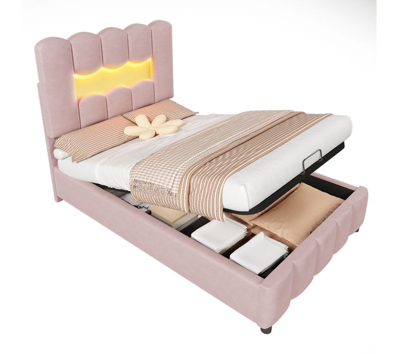 Lit Coffre 90x200 Cm Avec Structure Relevable Rose