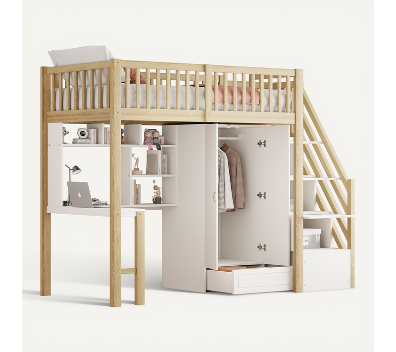 Lit Mezzanine 90x200 Cm Avec Escalier De Rangement Table Et Armoire Blanc Et Bois
