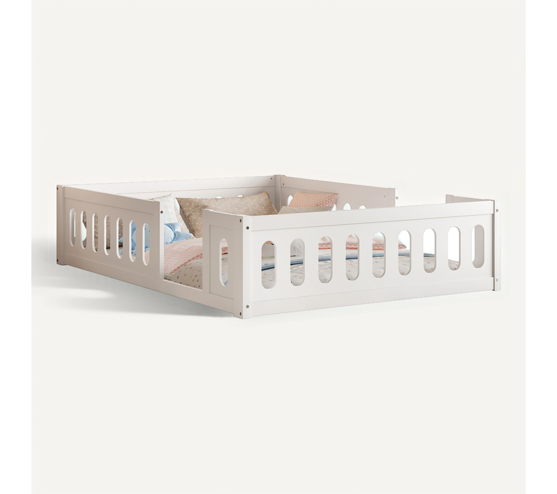 Lit Double 140x200 Cm Avec Barrière En Bois Blanc