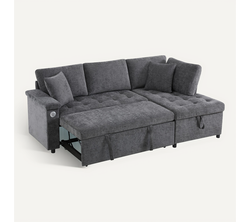 Canapé D'angle Droit Convertible Gris Foncé 209 X 130 Cm Avec Rangement