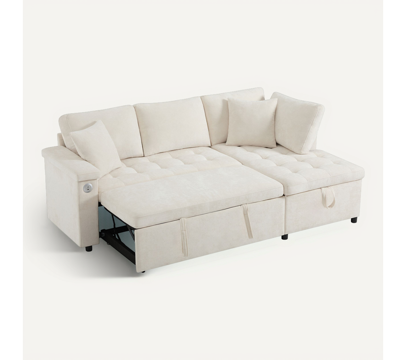 Canapé D’angle Droit Convertible Beige 209 X 130 Cm Avec Rangement