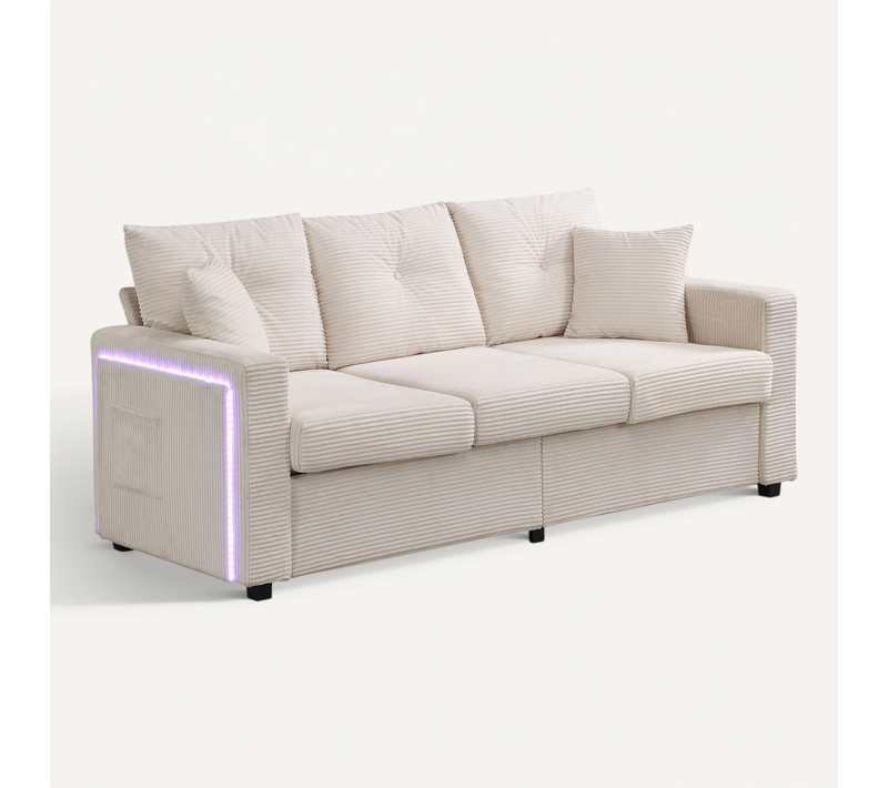 Canapé D'angle Beige Avec Pouf Amovible Et LED Pour Salon