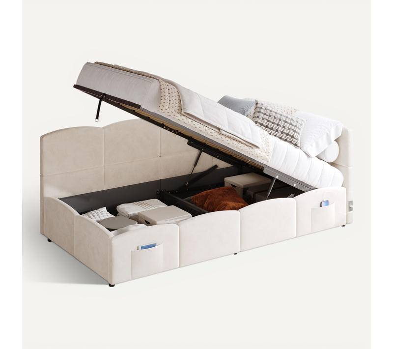 Canapé-lit 90x200 Cm Avec Coffre De Rangement Tissu Bouclé Beige