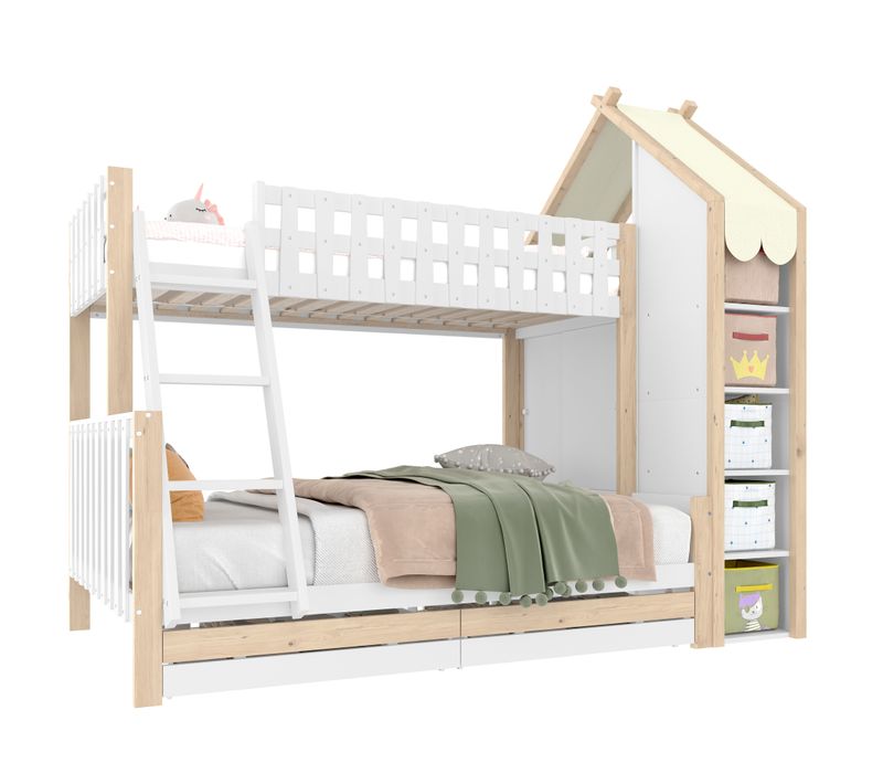 Lit Superposé 90x200/140x200 Cm Avec Structure En Pin Blanc Et Naturel