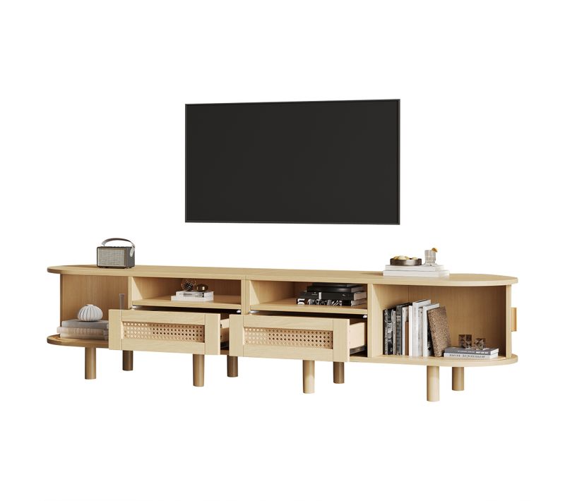 Meuble TV Ovale Chêne Clair 170 Cm Avec Rangements Pour Salon