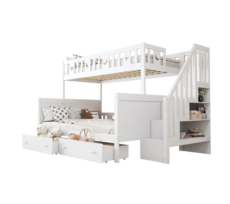 Lit Superposé 90x200/140x200 Cm Avec Escalier De Rangement Blanc